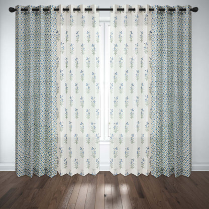 Blue SeaGreen Mughal Jaal with Blue SeaGreen Lillies Cotton Handblock Combo (Set of 4 Curtains)