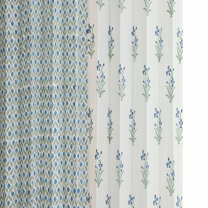 Blue SeaGreen Mughal Jaal with Blue SeaGreen Lillies Cotton Handblock Combo (Set of 4 Curtains)