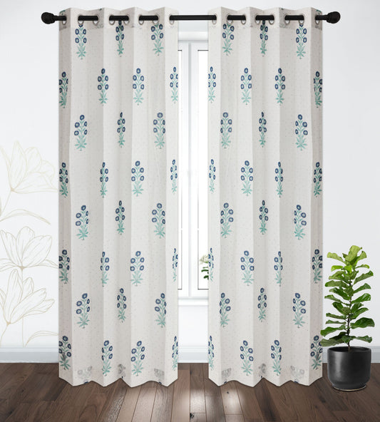 Blue and Seagreen Gulbahar Dotted Cotton Handblock Curtain (Pair of 2 Curtains)