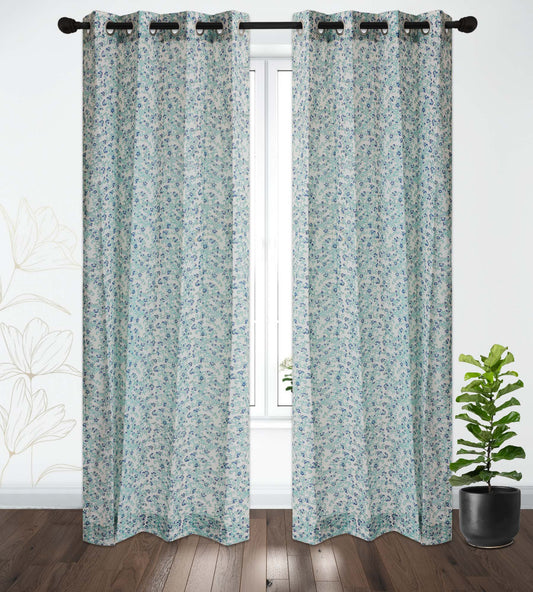 Blue and Seagreen Gulbahar Jaal Cotton Handblock Curtain (Pair of 2 Curtains)