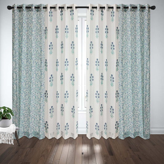 Dotted Blue SeaGreen Gulbahar with Blue SeaGreen Jaal Cotton Handblock Combo (Set of 4 Curtains)