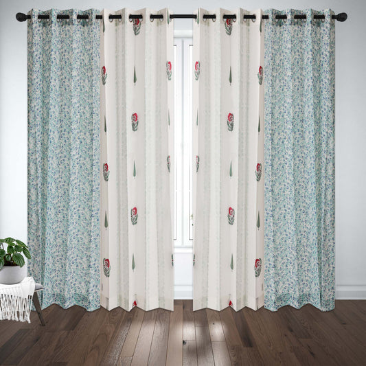 Gulmohar Buta and Cyprus with Blue SeaGreen Jaal Cotton Handblock Combo (Set of 4 Curtains)