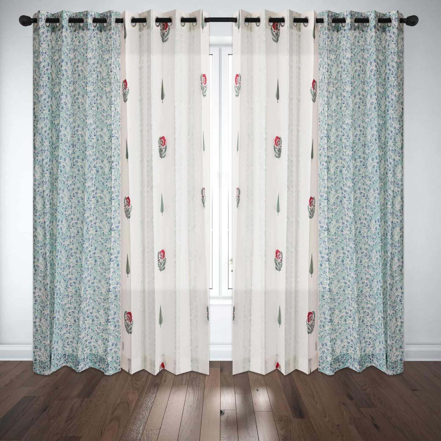 Gulmohar Buta and Cyprus with Blue SeaGreen Jaal Cotton Handblock Combo (Set of 4 Curtains)