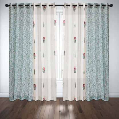 Gulmohar Buta and Cyprus with Blue SeaGreen Jaal Cotton Handblock Combo (Set of 4 Curtains)