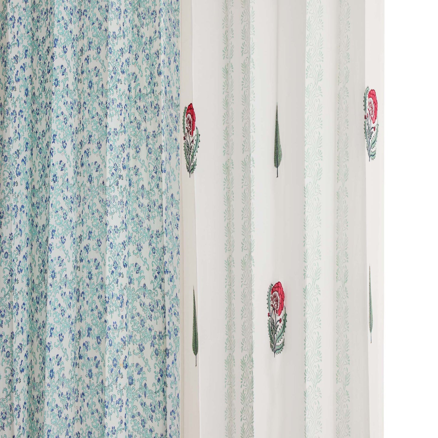 Gulmohar Buta and Cyprus with Blue SeaGreen Jaal Cotton Handblock Combo (Set of 4 Curtains)
