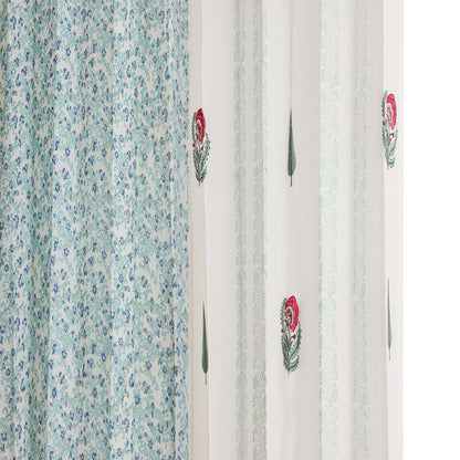 Gulmohar Buta and Cyprus with Blue SeaGreen Jaal Cotton Handblock Combo (Set of 4 Curtains)