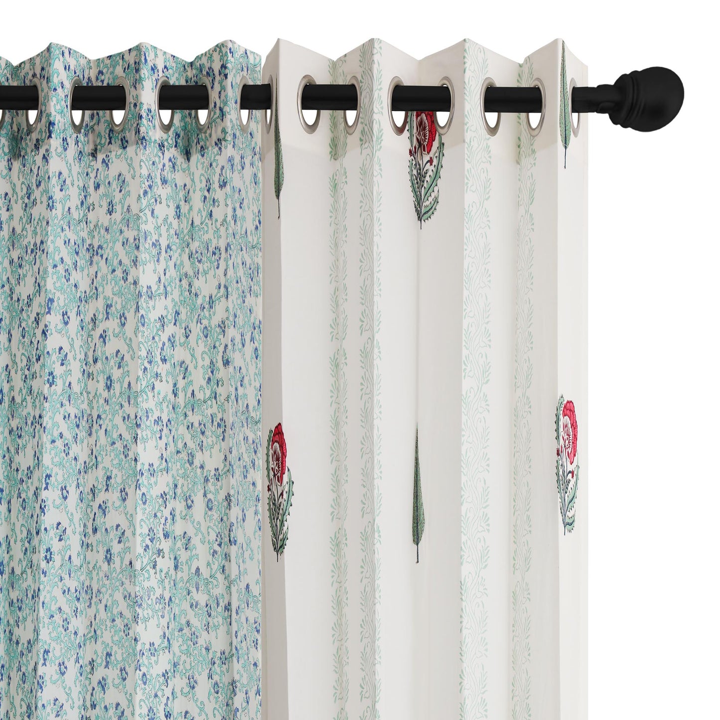 Gulmohar Buta and Cyprus with Blue SeaGreen Jaal Cotton Handblock Combo (Set of 4 Curtains)