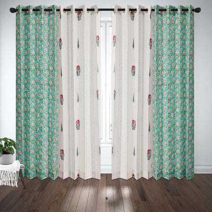Gulmohar Buta and Cyprus with SeaGreen Pomegranate Jaal Cotton Handblock Combo (Set of 4 Curtains)