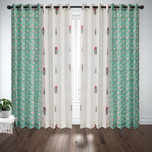 Gulmohar Buta and Cyprus with SeaGreen Pomegranate Jaal Cotton Handblock Combo (Set of 4 Curtains)