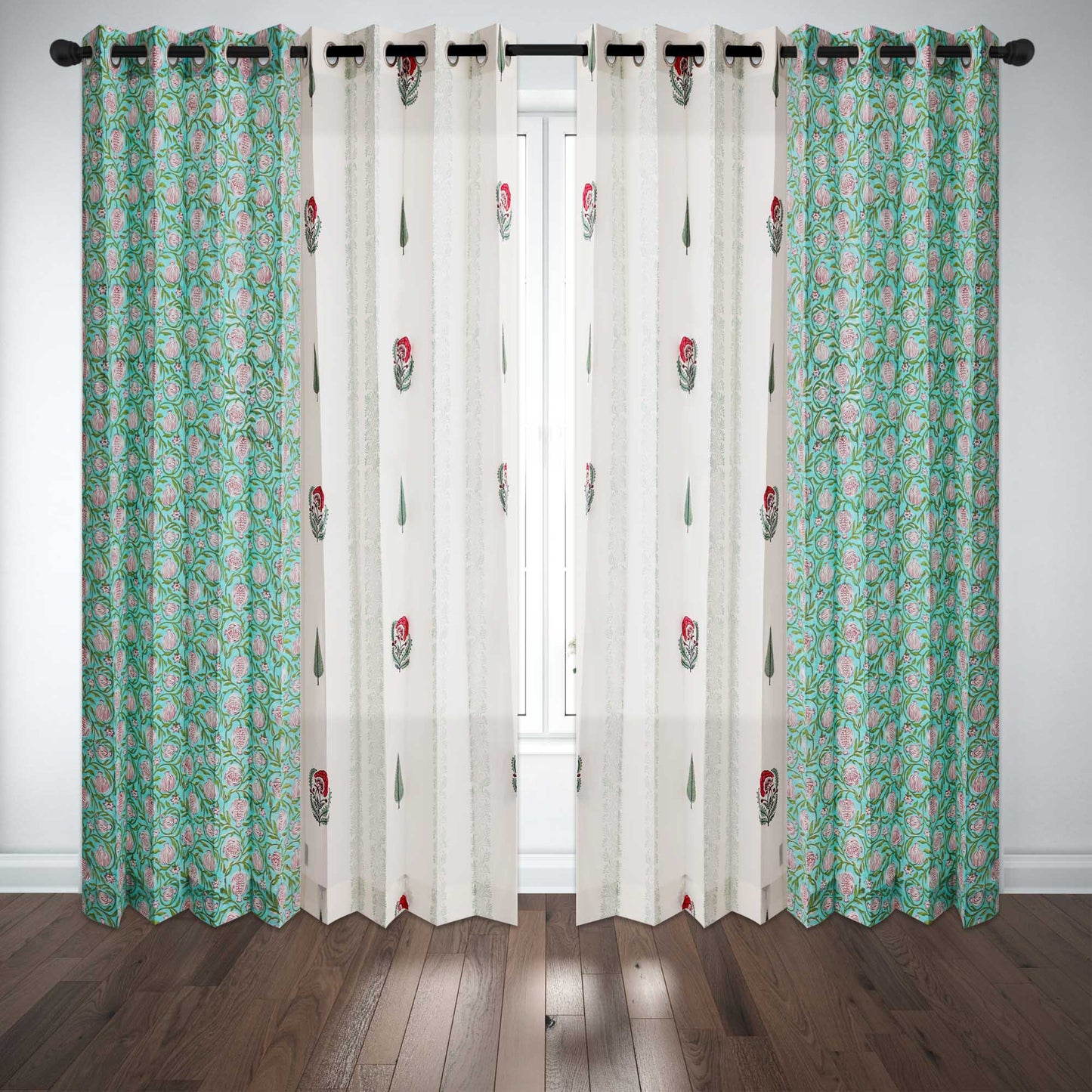 Gulmohar Buta and Cyprus with SeaGreen Pomegranate Jaal Cotton Handblock Combo (Set of 4 Curtains)