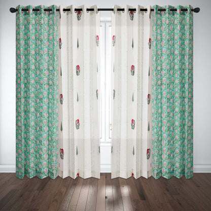 Gulmohar Buta and Cyprus with SeaGreen Pomegranate Jaal Cotton Handblock Combo (Set of 4 Curtains)