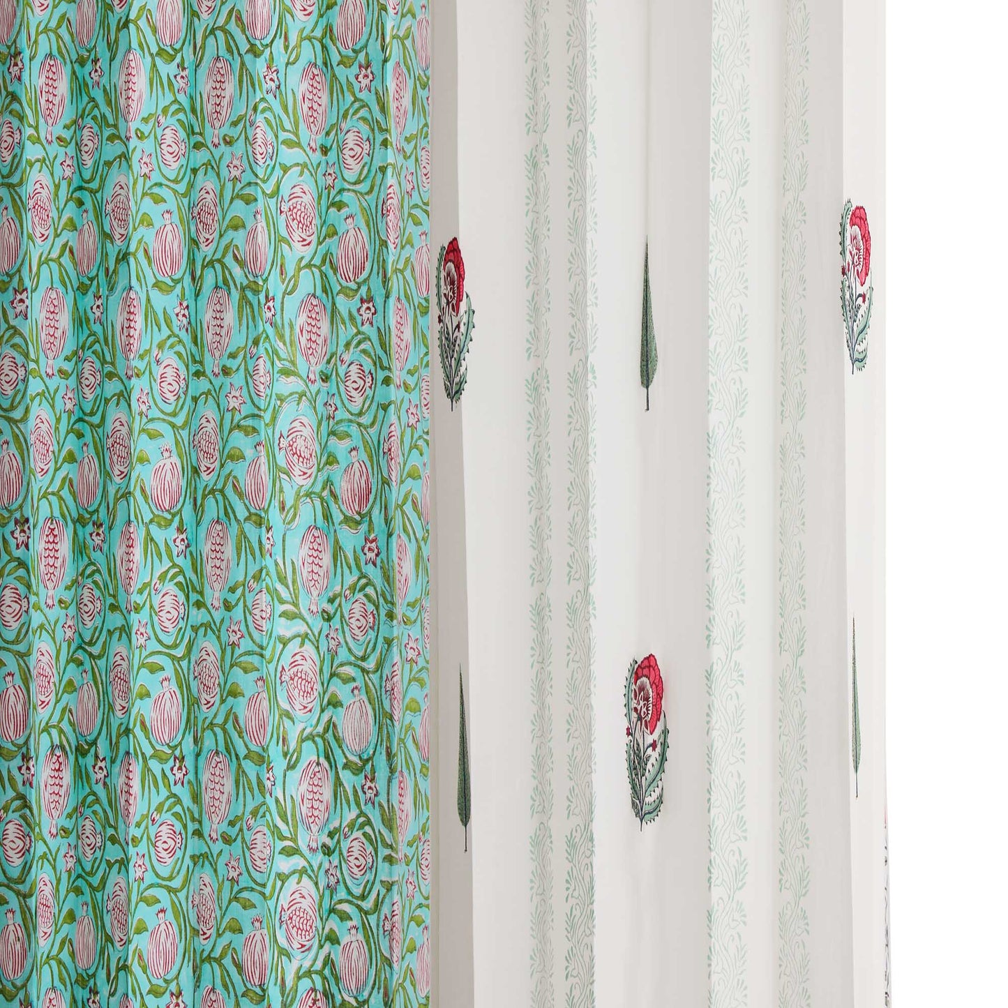 Gulmohar Buta and Cyprus with SeaGreen Pomegranate Jaal Cotton Handblock Combo (Set of 4 Curtains)
