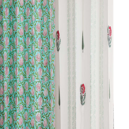 Gulmohar Buta and Cyprus with SeaGreen Pomegranate Jaal Cotton Handblock Combo (Set of 4 Curtains)