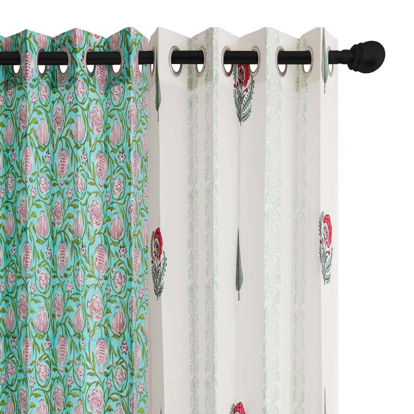 Gulmohar Buta and Cyprus with SeaGreen Pomegranate Jaal Cotton Handblock Combo (Set of 4 Curtains)