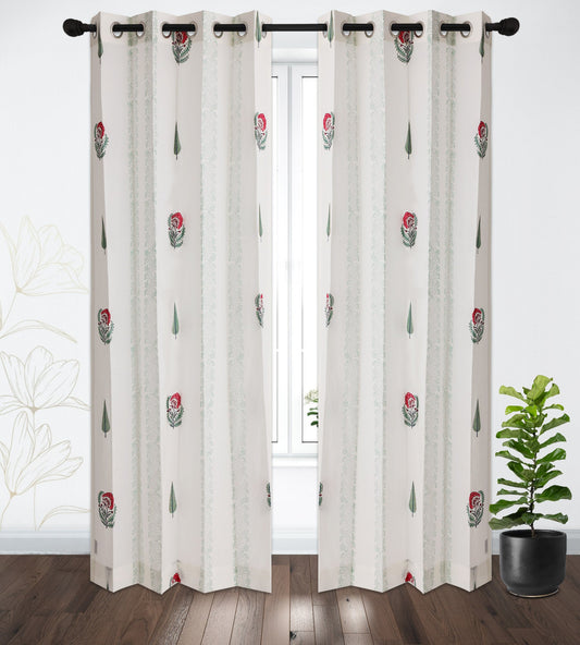 Gulmohar Buta and SeaGreen Cyprus with SeaGreen Border Cotton Handblock Curtain (Pair of 2 Curtains)