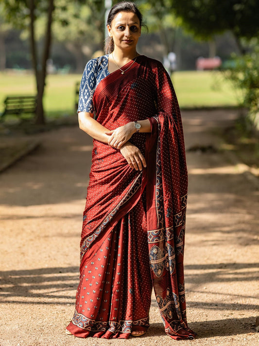 Maroon Dotted with Kamal Booti Half & Half Modal Silk Ajrakh Block Print Saree