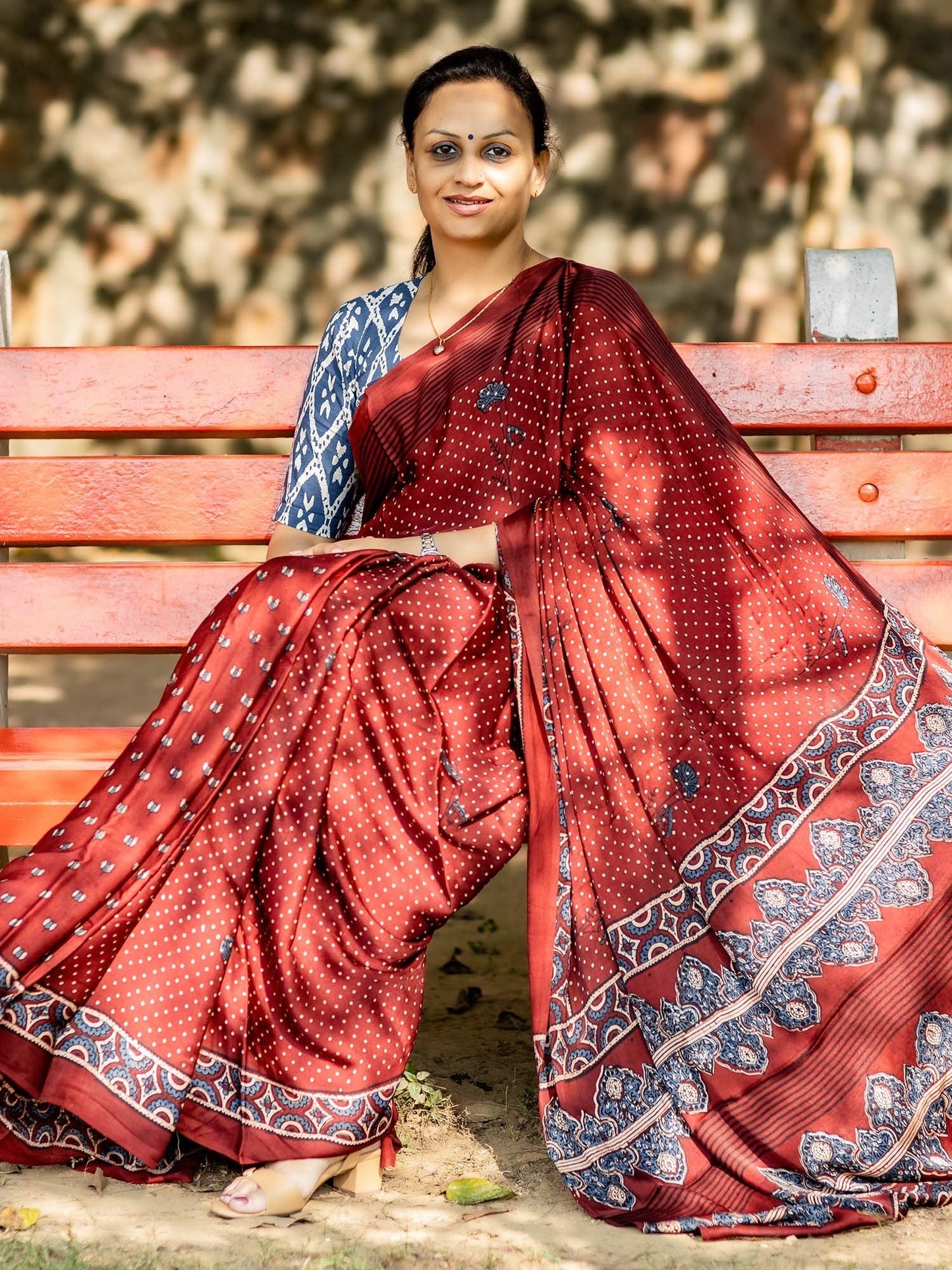 Maroon Dotted with Kamal Booti Half & Half Modal Silk Ajrakh Block Print Saree