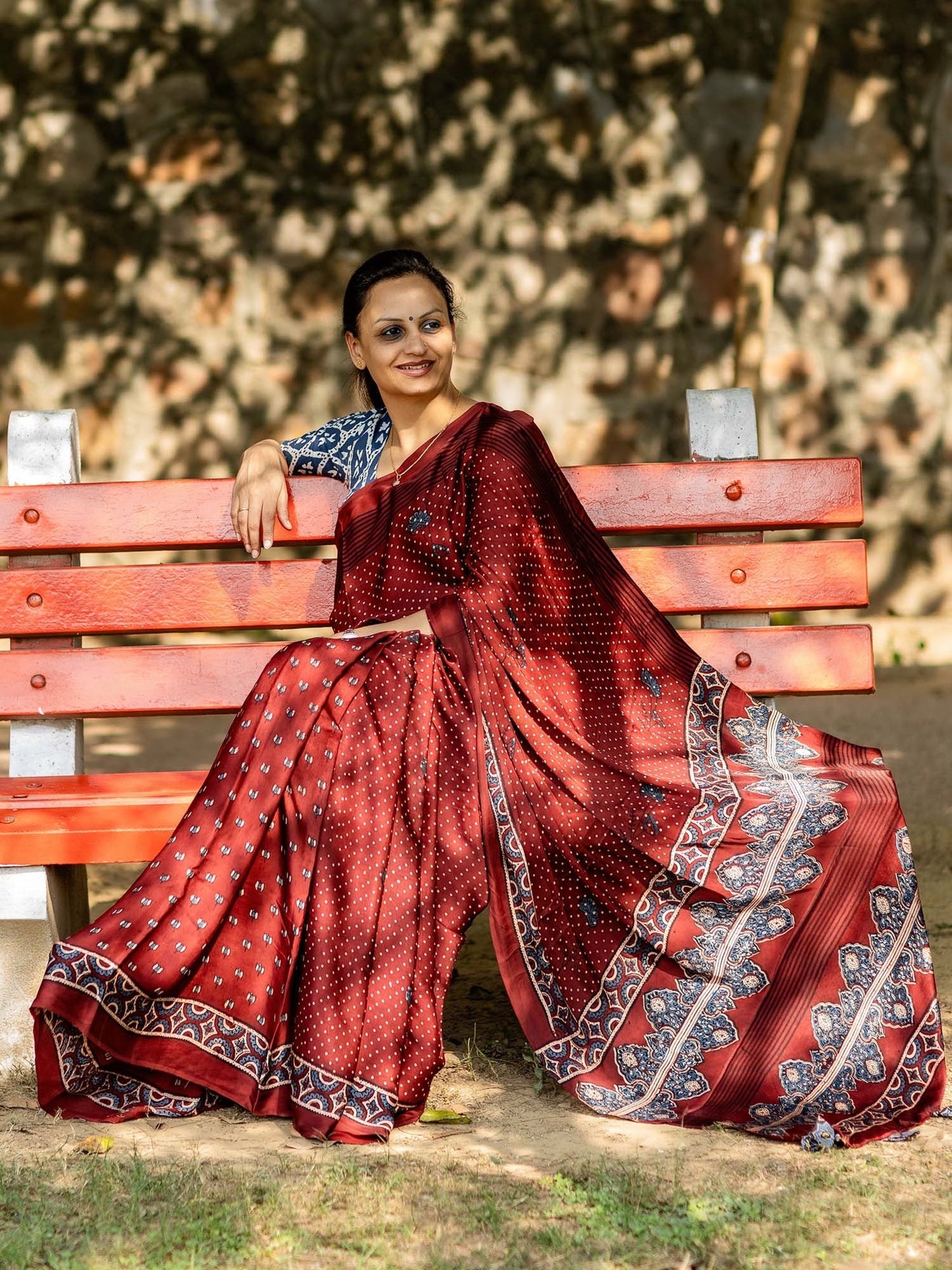 Maroon Dotted with Kamal Booti Half & Half Modal Silk Ajrakh Block Print Saree