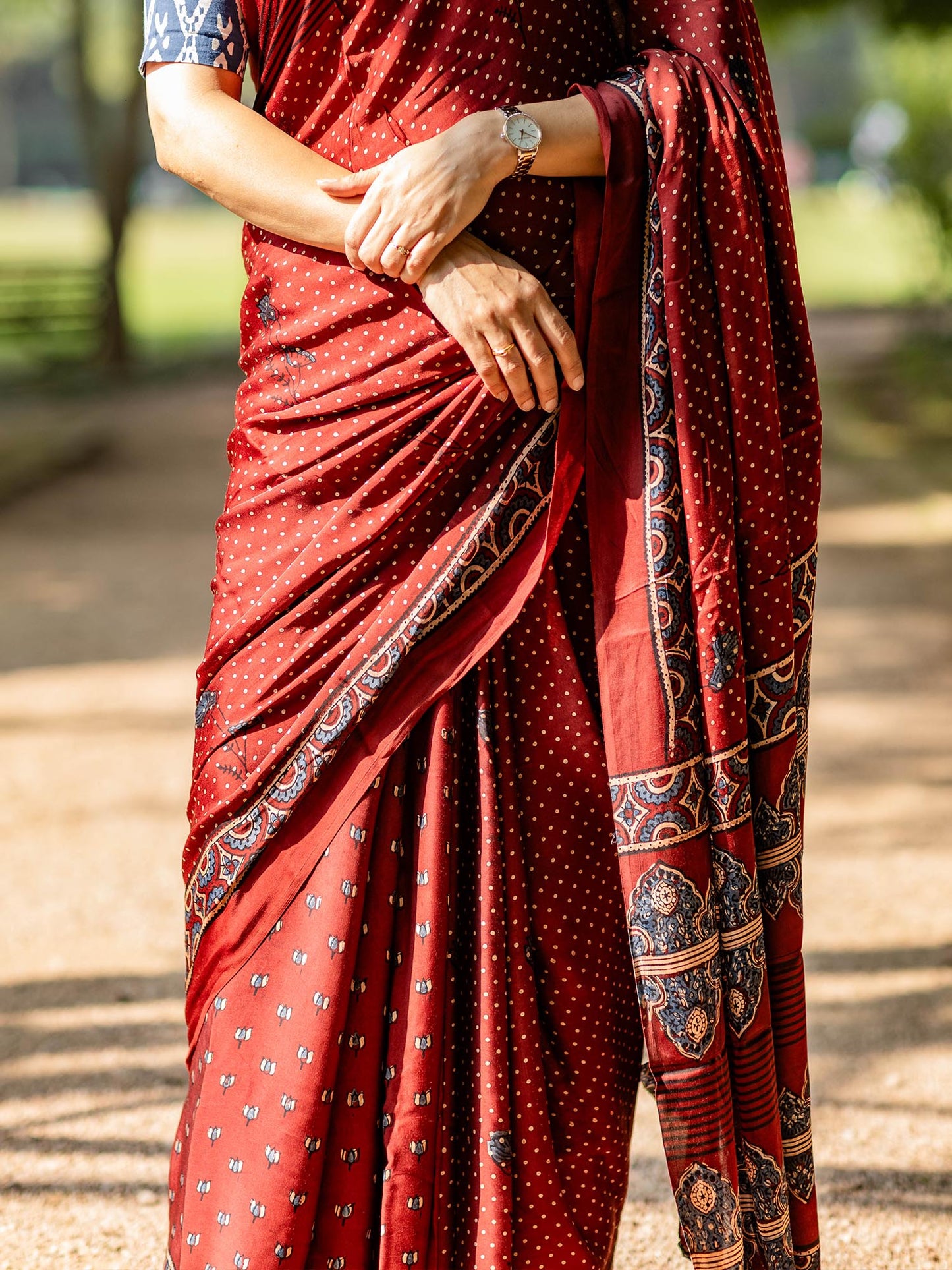 Maroon Dotted with Kamal Booti Half & Half Modal Silk Ajrakh Block Print Saree