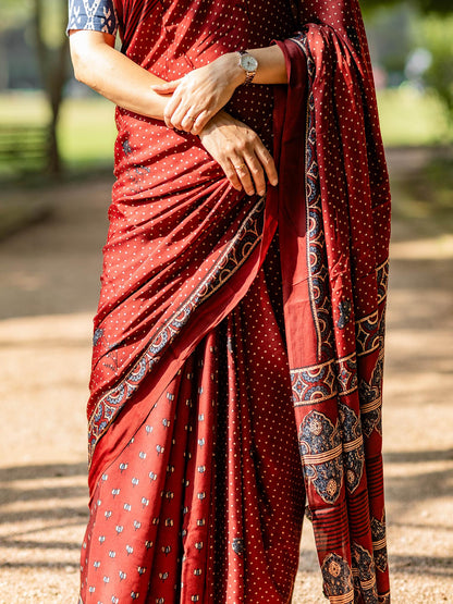 Maroon Dotted with Kamal Booti Half & Half Modal Silk Ajrakh Block Print Saree