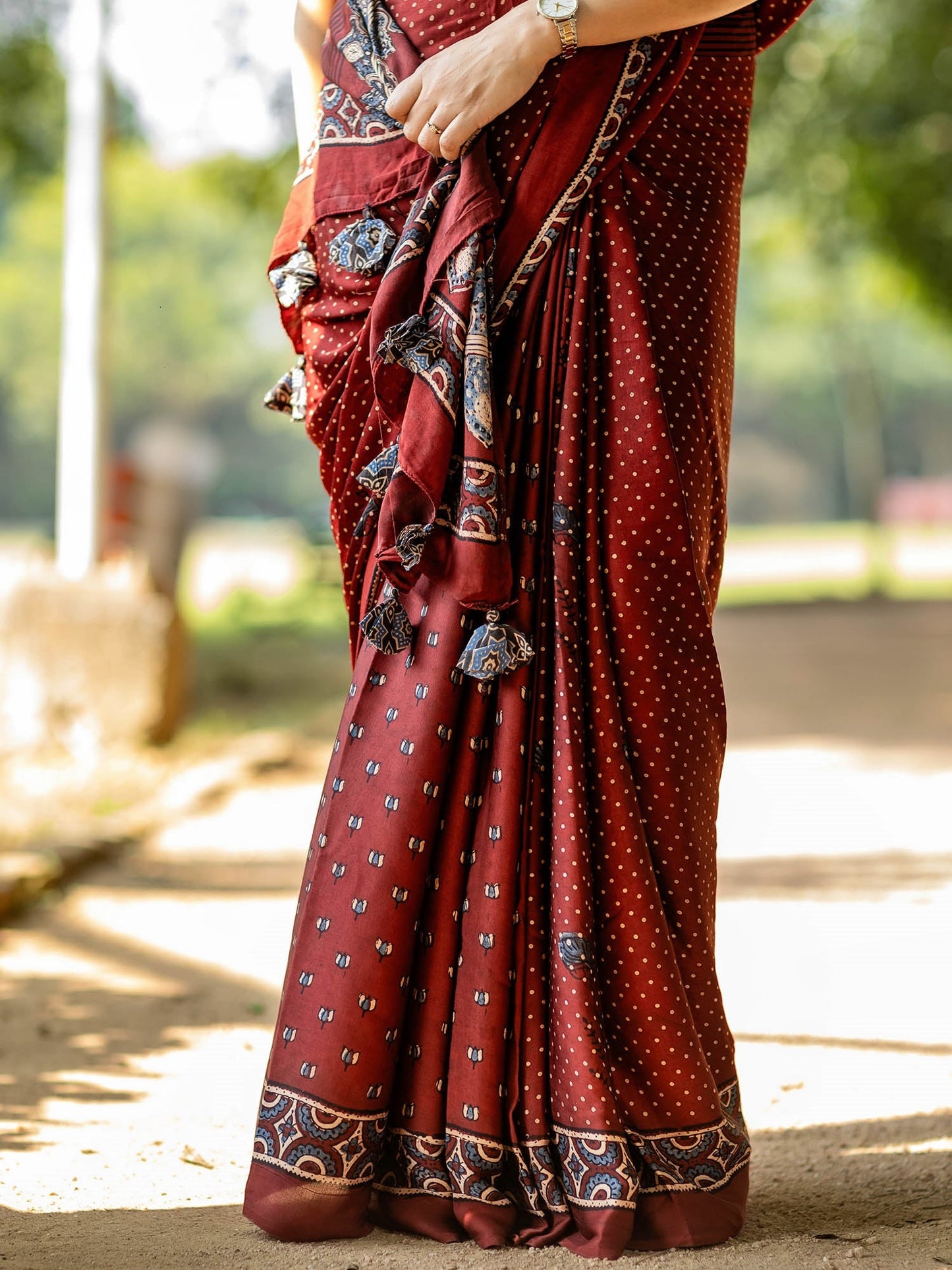 Maroon Dotted with Kamal Booti Half & Half Modal Silk Ajrakh Block Print Saree