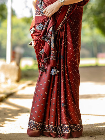 Maroon Dotted with Kamal Booti Half & Half Modal Silk Ajrakh Block Print Saree
