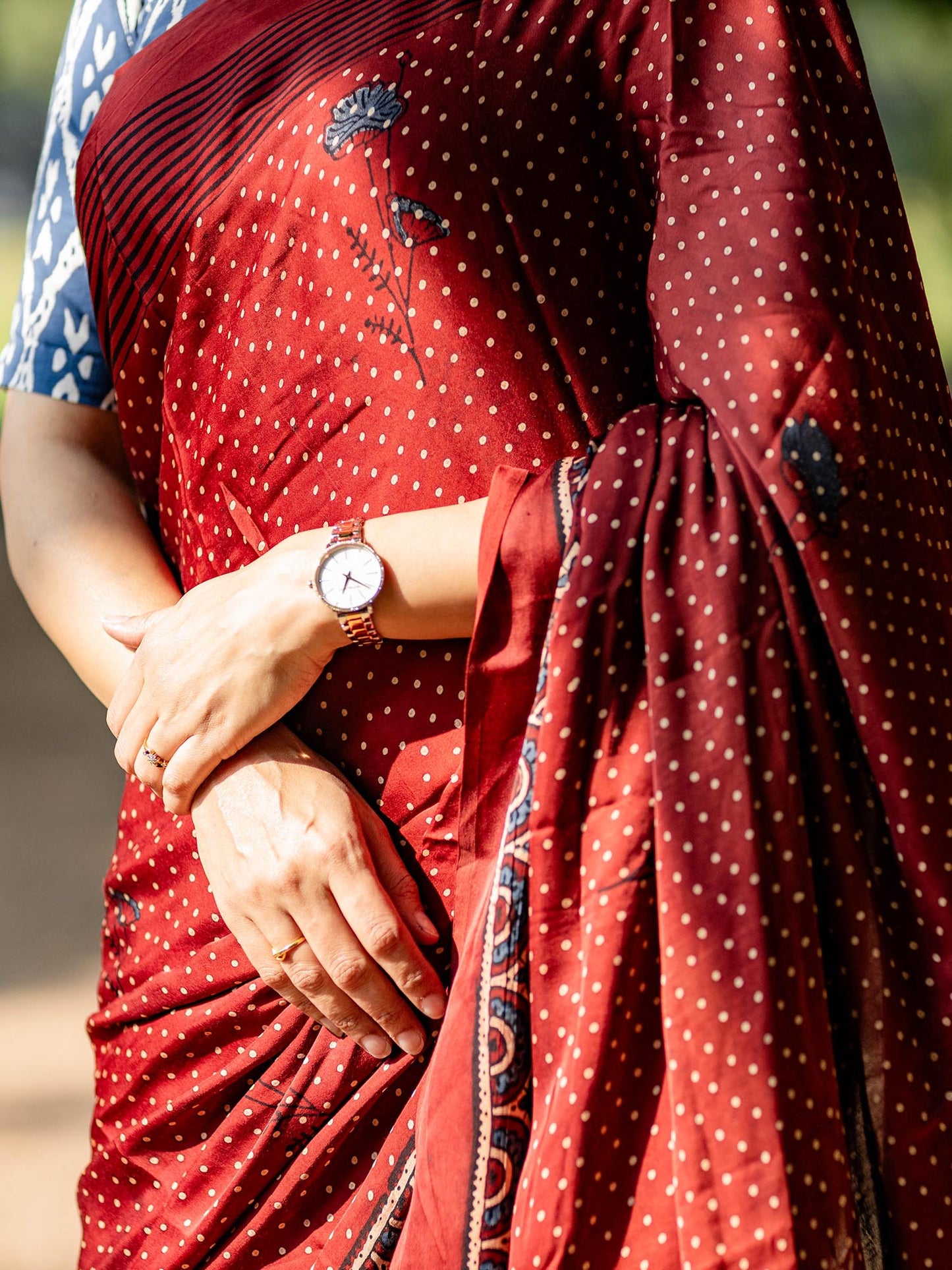 Maroon Dotted with Kamal Booti Half & Half Modal Silk Ajrakh Block Print Saree