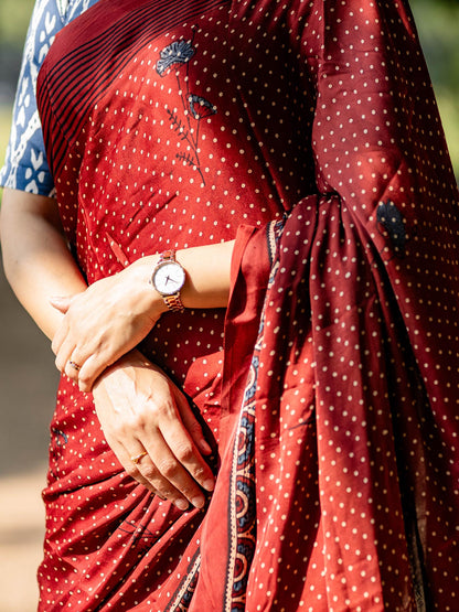 Maroon Dotted with Kamal Booti Half & Half Modal Silk Ajrakh Block Print Saree