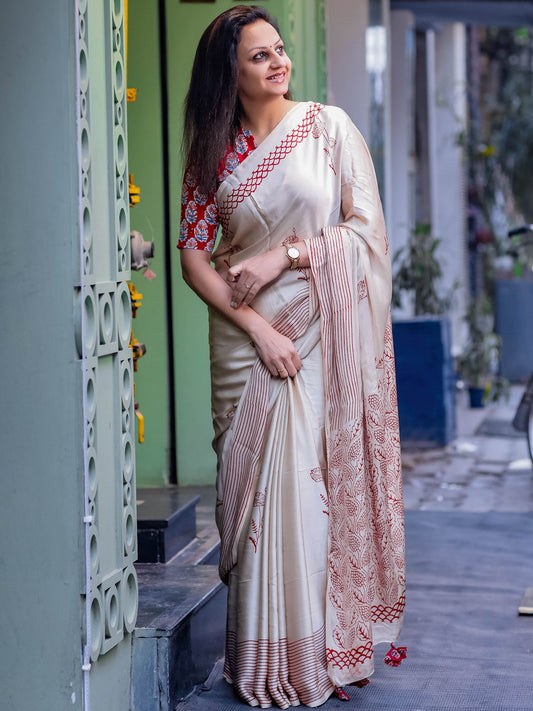 Maroon Single Boota Modal Silk Ajrakh Block Print Saree