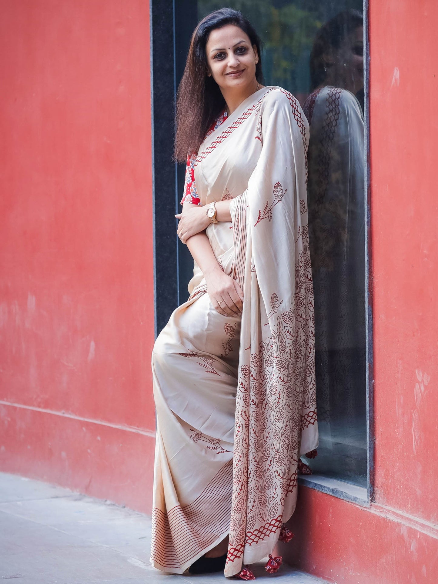 Maroon Single Boota Modal Silk Ajrakh Block Print Saree