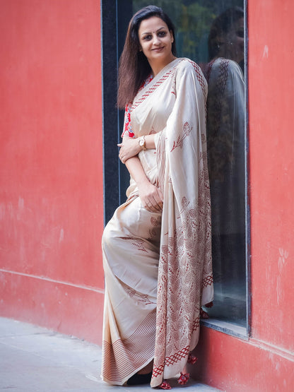Maroon Single Boota Modal Silk Ajrakh Block Print Saree