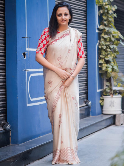 Maroon Single Boota Modal Silk Ajrakh Block Print Saree
