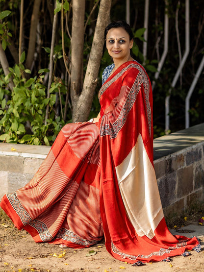 Rust Red & Off-white Striped Modal Silk Ajrakh Block Print Saree