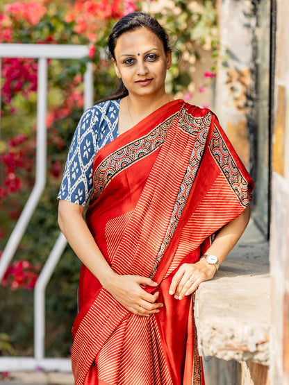 Rust Red & Off-white Striped Modal Silk Ajrakh Block Print Saree