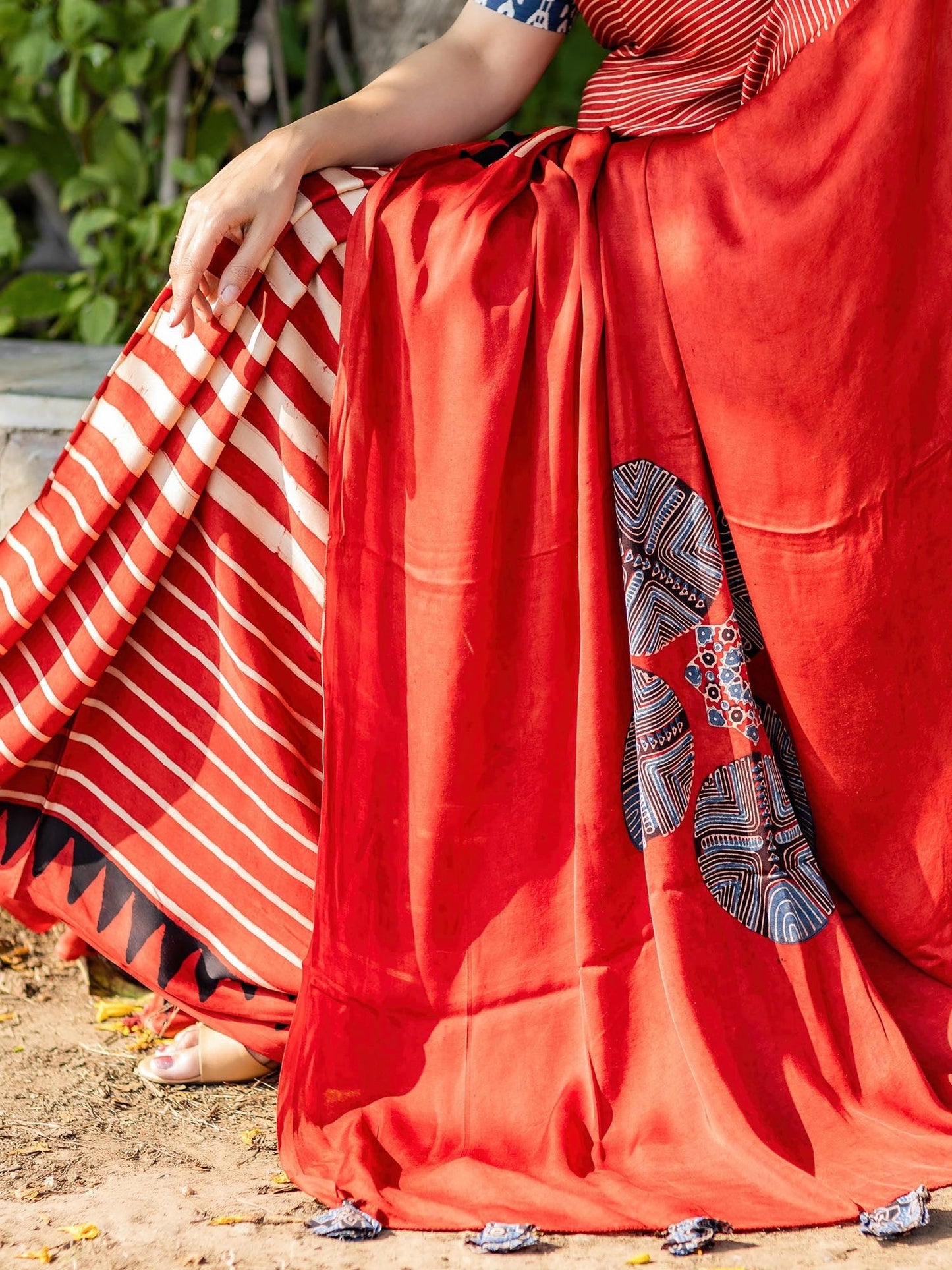 Rust Red & Off-white Striped with Round Palla Modal Silk Ajrakh Block Print Saree