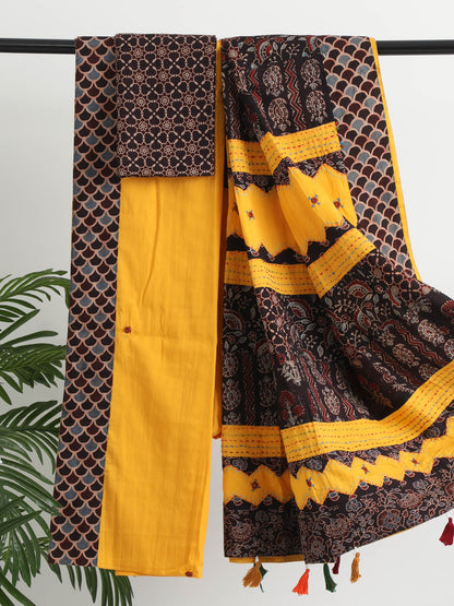 Yellow Ajrakh Handcrafted Saree